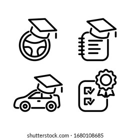 Driving school, auto education line icons set. Black online car study simple elements isolated on white background. Editable stroke. Vector illustration for web, design, app, advert, social media