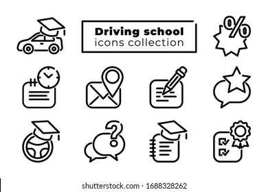 Driving school, auto education line icons big set. Black online car study simple elements collection isolated on white. Editable stroke. Vector illustration for web, design, app, advert, social media