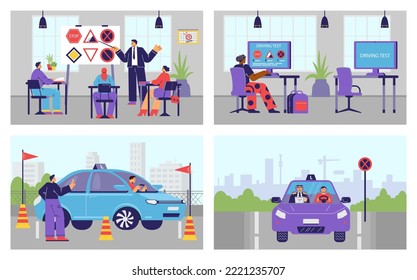 Driving school banner collection with instructor and student drivers cartoon characters, flat vector illustration. People studying to get a drivers license.