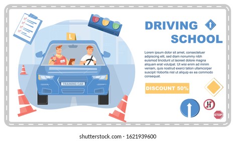 Driving school banner with man taking test flat vector illustration