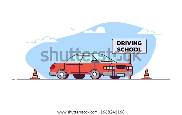 Driving\
school banner. Side view of red car. Line style vector\
illustration. Vehicle for students on sky background. Road cones\
and text banner. Side view of line style car.\
