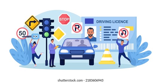 Driving School. Begginer Driver Learning Parking On Driving Examination. Instructor Checking Student Knowledge Of Traffic Law Road Rule. Study Of Road Signs, Receiving Driver’s License.Training Course