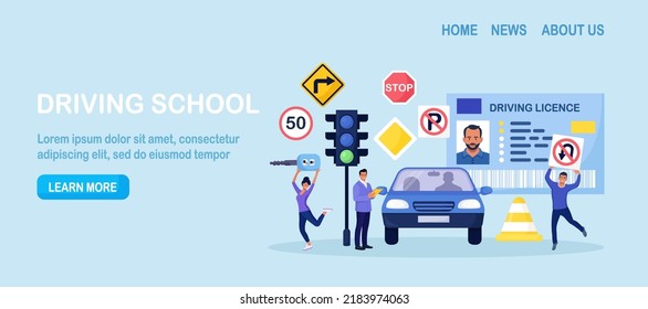 Driving School. Begginer Driver Learning Parking On Driving Examination. Instructor Checking Student Knowledge Of Traffic Law Road Rule. Study Of Road Signs, Receiving Driver’s License.Training Course