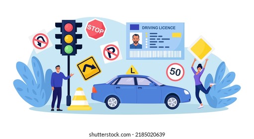 Driving School. Begginer Driver Learning Parking On Driving Examination. Instructor Checking Student Knowledge Of Traffic Law Road Rule. Study Of Road Signs, Receiving Driver’s License.Training Course