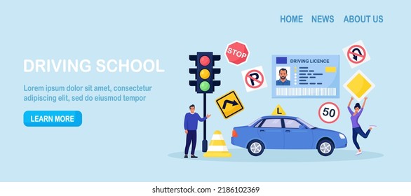 Driving School. Begginer Driver Learning Parking On Driving Examination. Instructor Checking Student Knowledge Of Traffic Law Road Rule. Study Of Road Signs, Receiving Driver’s License.Training Course