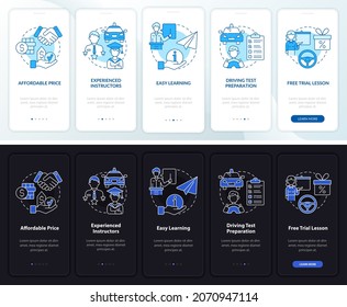 Driving school benefits dark, light onboarding mobile app page screen. Walkthrough 5 steps graphic instructions with concepts. UI, UX, GUI vector template with linear night and day mode illustrations