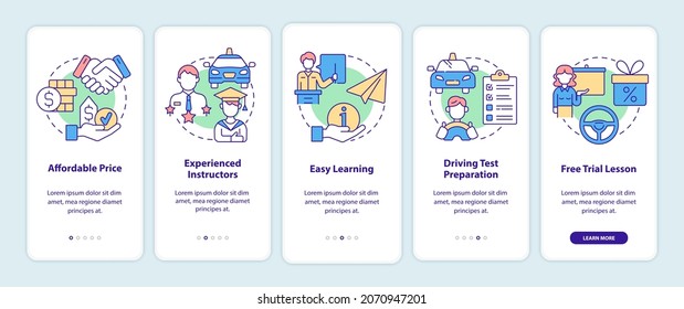 Driving school benefits onboarding mobile app page screen. Advantages walkthrough 5 steps graphic instructions with concepts. UI, UX, GUI vector template with linear color illustrations