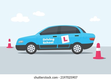 Driving school car with cones vector flat illustrations