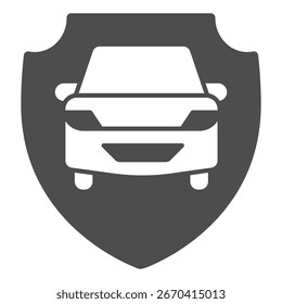 Conducir el coche de la escuela en el icono sólido del escudo, concepto del permiso de los estudiantes. Gráficos de Vector. Vehículo del coche en el emblema, señal de seguridad en el fondo blanco, icono del estilo del glifo para el móvil o el Diseño web