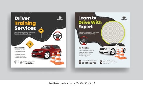 ﻿
Driving school and car rental service social media post, ad, banner template, 3D car illustration, car mechanic and garage square flyer or poster and web banner advertising design