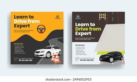 ﻿
Driving school and car rental service social media post, ad, banner template, 3D car illustration, car mechanic and garage square flyer or poster and web banner advertising design