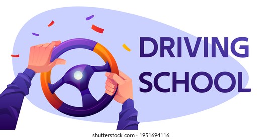 Driving school cartoon banner with driver hands on car steering wheel and confetti falling. Auto lessons for license, educational courses advertisement with man in automobile, Vector illustration
