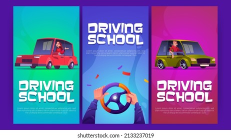 Driving school cartoon posters with driver hands on car steering wheel. Man and woman sitting in automobiles. Auto lessons for license, educational courses advertisement, Vector illustration flyers