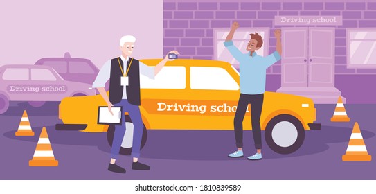 Driving school composition with exam success symbols flat vector illustration