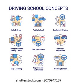 Juego de iconos de concepto de escuela de conducción. Ilustraciones en color de la idea de la educación para la conducción de automóviles. Aprender las señales y las reglas de las carreteras. Licencia de conductores. Dibujos de contorno aislados por vectores. Trazo editable