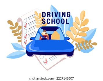 Driving school concept, theory and practice test. Paper form with red marks. Driving education. Woman driving a car with safety belt. Leaves background. Flat vector illustration.