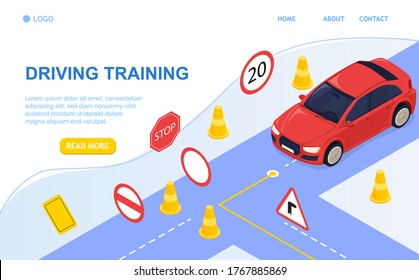 Driving school concept and training. Driving by the rules. Study of road signs and car. Perfect for landing page, banner, header or mobile application. All objects are grouped. 3D Isometric Vector