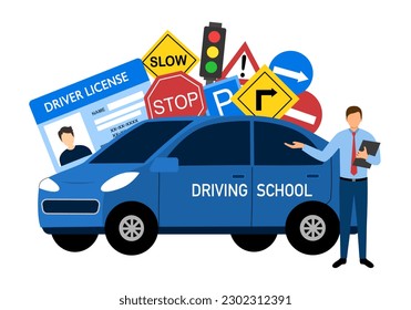 Driving school concept vector illustration. Training car, driving instructor and traffic symbol in flat design on white background.