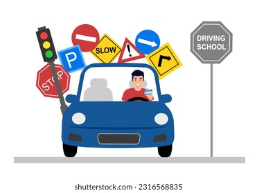 Driving school concept vector illustration. Training car and traffic symbol in flat design on white background.