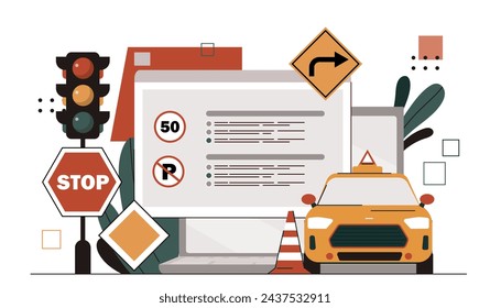 Driving school concept. Yellow car near drive license and safety roadsigns. Education and learning, practicing. Auto and transport. Cartoon flat vector illustration isolated on white background