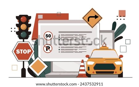 Driving school concept. Yellow car near drive license and safety roadsigns. Education and learning, practicing. Auto and transport. Cartoon flat vector illustration isolated on white background