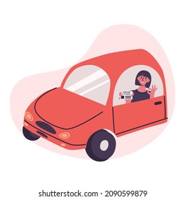 Driving school concept. Young happy woman in little red car get a driving license and showing that. Flat vector modern isolated illustration in trendy colors.