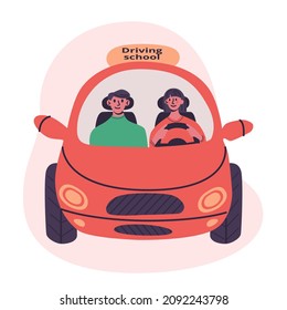 Driving school concept. Young woman drive little red car with instructor. Flat vector modern isolated illustration in trendy colors.