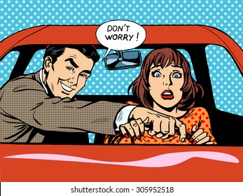 Driving school the driver and the woman in the car. Husband helps his wife to drive