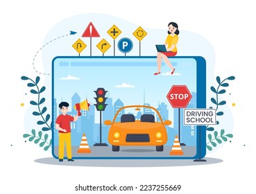 Driving School with Education Process of Car Training and Learning to Drive to Get Drivers License in Flat Cartoon Hand Drawn Templates Illustration