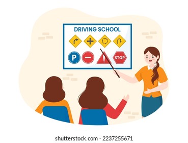 La escuela de conducción con el proceso educativo de la formación de coches y el aprendizaje de conducir para obtener la licencia de conducir en caricatura plana Dibujo de plantillas