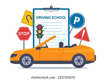 Driving School with Education Process of Car Training and Learning to Drive to Get Drivers License in Flat Cartoon Hand Drawn Templates Illustration