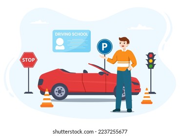 Driving School with Education Process of Car Training and Learning to Drive to Get Drivers License in Flat Cartoon Hand Drawn Templates Illustration