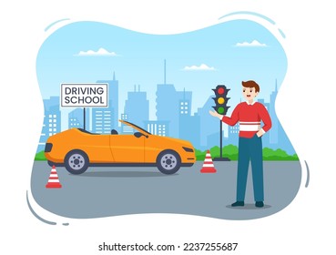 Driving School with Education Process of Car Training and Learning to Drive to Get Drivers License in Flat Cartoon Hand Drawn Templates Illustration