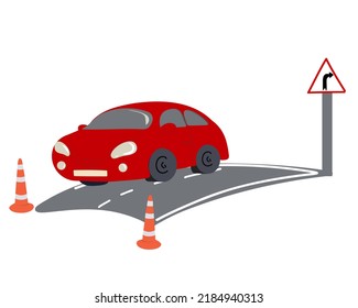 Fahrschulprüfung. Verkehrsverbindungen in der Nähe des Autos im Freien. Das Konzept des Fahrschulunterrichts, der Ausbildung und des Fahrunterrichts. Flache Vektorgrafik