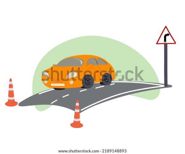 Driving school exam. Traffic cones near car\
outdoors. The concept of driving school, training and driving\
lessons. Flat vector\
illustration