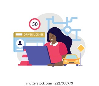 Driving school flat background girl is studying remotely through a laptop at driving school vector illustration