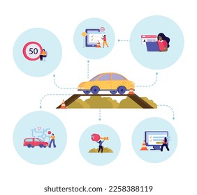 Driving school flat colored background car and six icon set around with signs examen at the school key in hands vector illustration