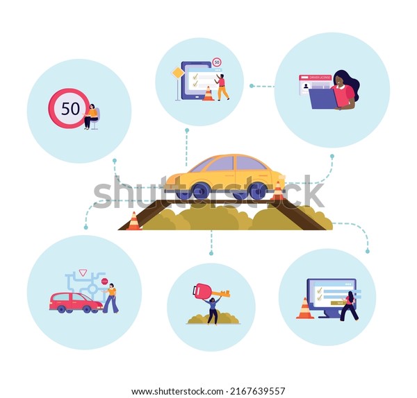 Driving school flat colored background car\
and six icon set around with signs examen at the school key in\
hands vector\
illustration