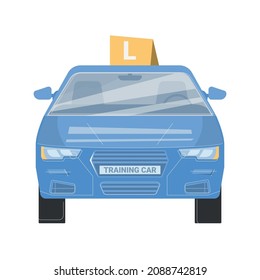 Driving school flat composition with isolated image of car with license category tag vector illustration
