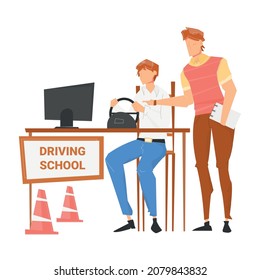 Driving school flat composition with student at computer table and teacher characters vector illustration