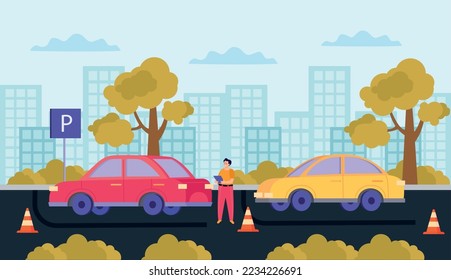 Driving school flat composition two cars drive on the site and the instructor marks the correctness of the exercises vector illustration