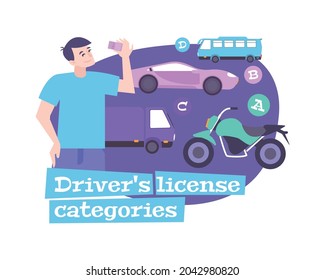 Driving school flat composition with vehicles and driver holding license vector illustration