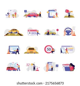 Driving school flat icon with signs car steering wheel in hand exams driving lessons vector illustration