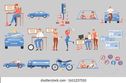 Driving school flat icons set with vehicles road safety signs license and human characters isolated on grey background vector illustration