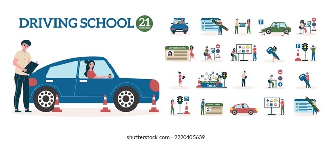 Driving school flat icons set with theory and practice training isolated vector illustration