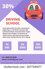 Driving school flyer concept. Young woman drive little red car with instructor. Around a car different traffic signs. Flat vector modern isolated illustration in trendy colors.