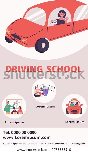 Driving school flyer concept. Young woman in\
little red car showing her driver license . Flat vector modern\
isolated illustration in trendy\
colors.