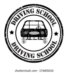 Driving school grunge rubber stamp on white, vector illustration