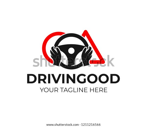 Driving school, hands on the wheel with road\
signs, logo design. Training, vehicle, transport and\
transportation, vector design and\
illustration
