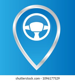 driving school here. driving school icon and map pointer. steering wheel symbol